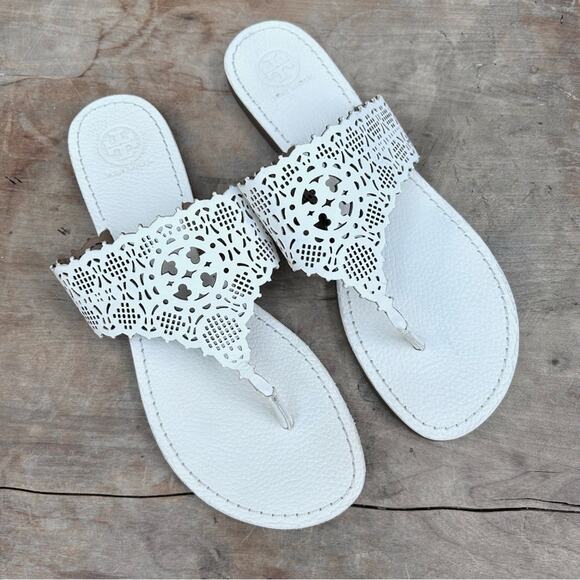 Tory Burch slides sandals flats size 9.5 cutout leather off white lattice eyelet - Picture 2 of 9